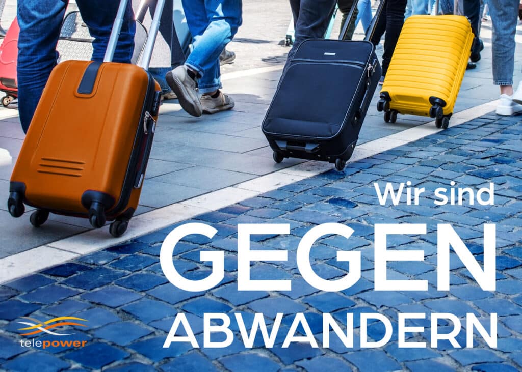 Several people are pulling suitcases of different colours along a paved path. The scene depicts a travel or relocation context. The text „We are against emigration“ is superimposed in white lettering. The Telepower logo is located in the bottom left corner. The graphic conveys a clear message against emigration.