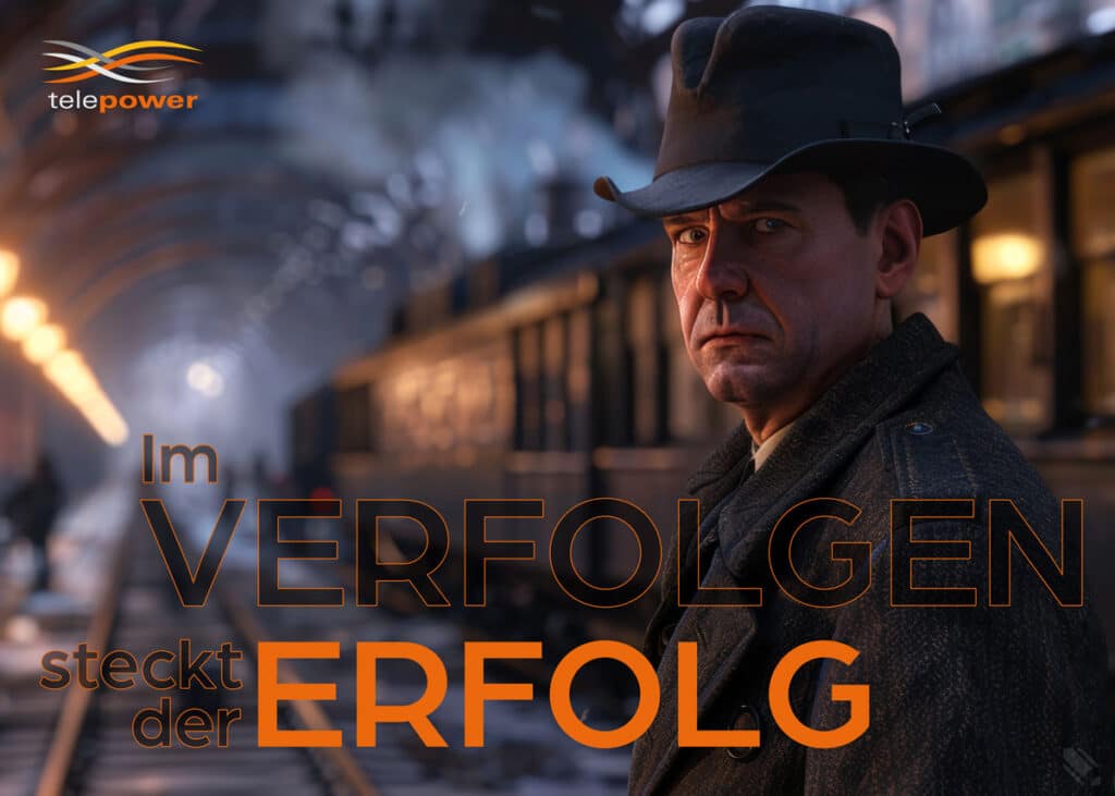 A man in a dark coat and hat stands looking serious on a train station platform next to a train. The background shows an atmospheric scene with light and steam in a covered station. The slogan „Success lies in pursuing“ is displayed in orange letters. The Telepower logo is in the top left corner. The scene conveys purposefulness and determination.