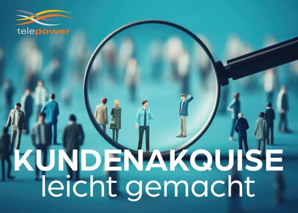 A magnifying glass focuses on a small group of people, while others in the background are blurred; Telepower logo at the top left, with text below: "Customer acquisition made easy.".