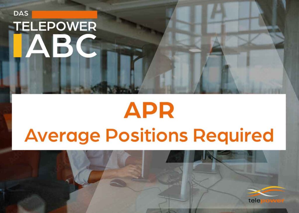 Presentation of a term in the Telepower ABC: "APR - Average Positions Required" in orange and white font against an office background with call centre workstations and a subtle Telepower logo.