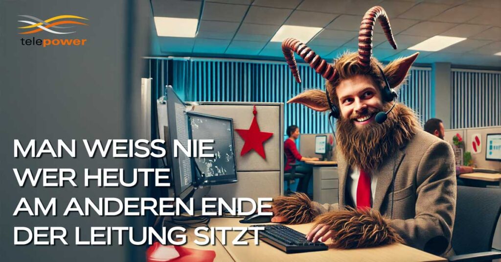 A call centre worker wearing a headset, dressed as a humorous creature with horns, a beard and fur, is sitting at a desk in an office. In the background, other employees and festive decorations such as a red star can be seen. The text reads: „You never know who might be on the other end of the line today.“ The Telepower logo is in the top left.