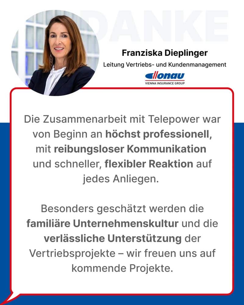 Franziska Dieplinger mit rundem Portraitausschnitt, roter Umrandung um den Textblock und blauem Hintergrund, Unternehmenskontext von Telepower