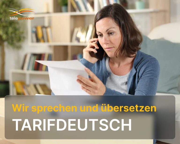 Woman sitting at a table, holding a telephone to her ear and looking at a sheet of paper; Telepower logo in the left background; overlaid text 'Tarifdeutsch' visible