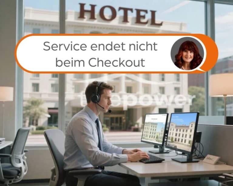 Hotel office employee with a headset sits at a desk in front of two monitors; orange speech bubble with text; hotel facade in the background, clear windows